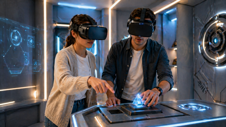 Two people in VR headsets solving puzzles in a bright futuristic escape room