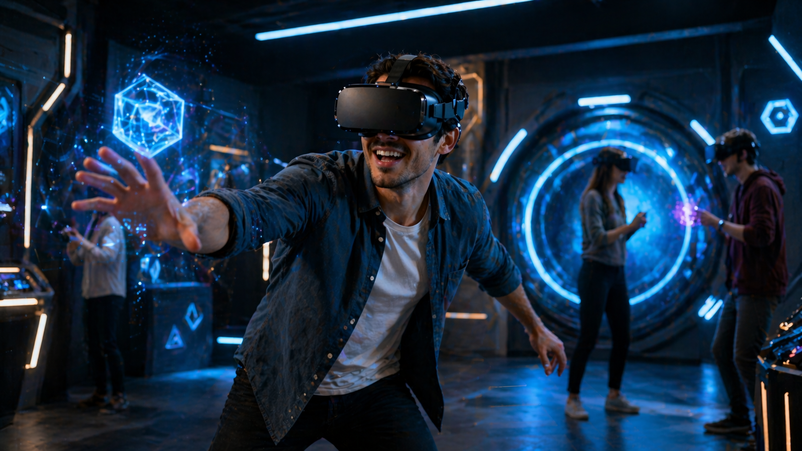 Person wearing a VR headset while playing an immersive futuristic game in a bright modern room