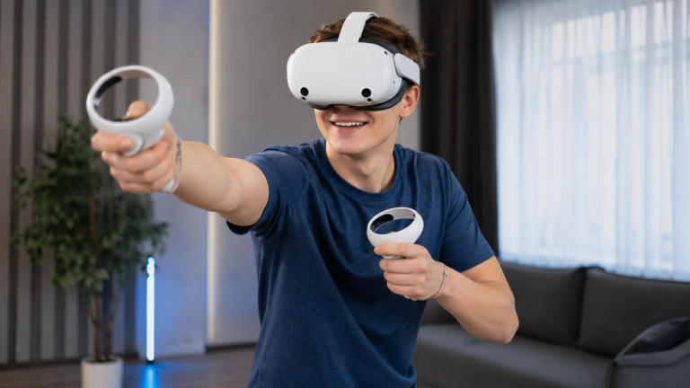 Beginner VR player using a headset and controllers while playing in a clean modern living room