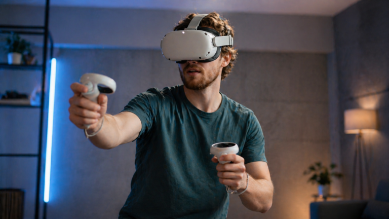 Beginner using a modern VR headset and controllers in a clean indoor space