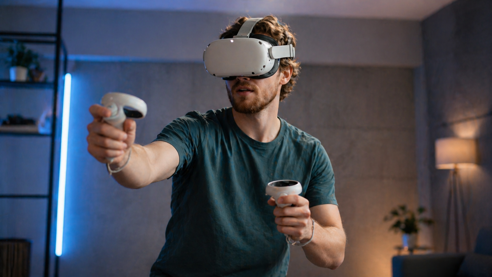 Beginner using a modern VR headset and controllers in a clean indoor space