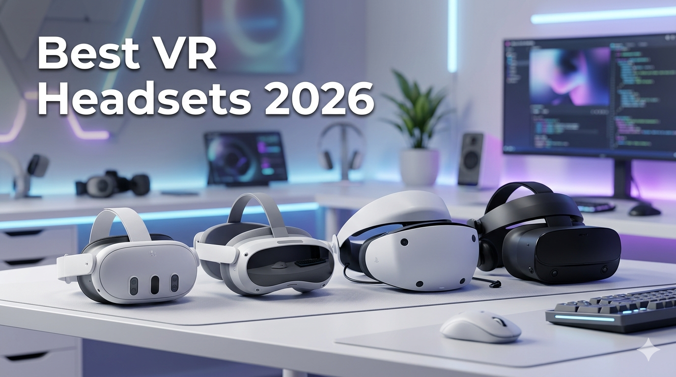 Collection of leading VR headsets arranged for a 2026 buyer's guide