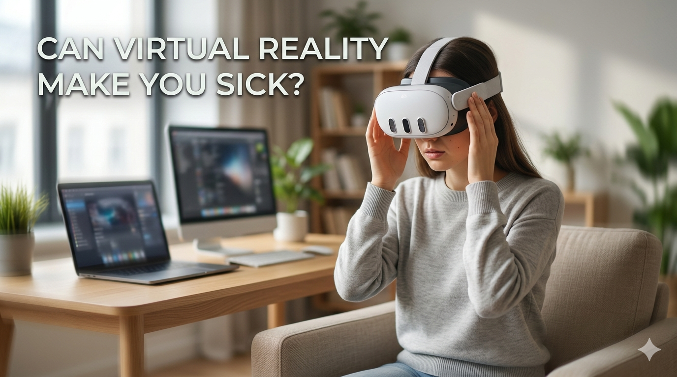 Person using a VR headset while seated and adjusting to avoid motion sickness