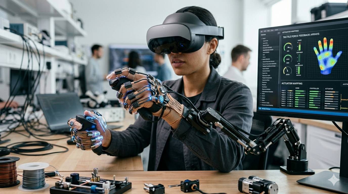 Close view of a person using a VR headset and controllers while feeling haptic feedback in a research lab