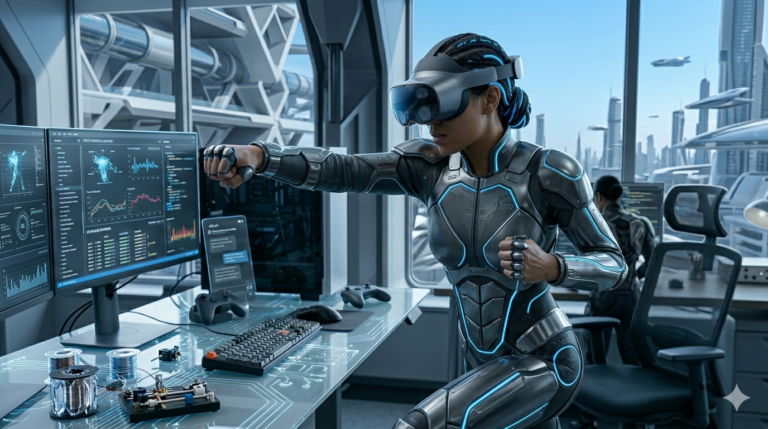 Person using a mixed reality style VR headset in a modern office while interacting with virtual content