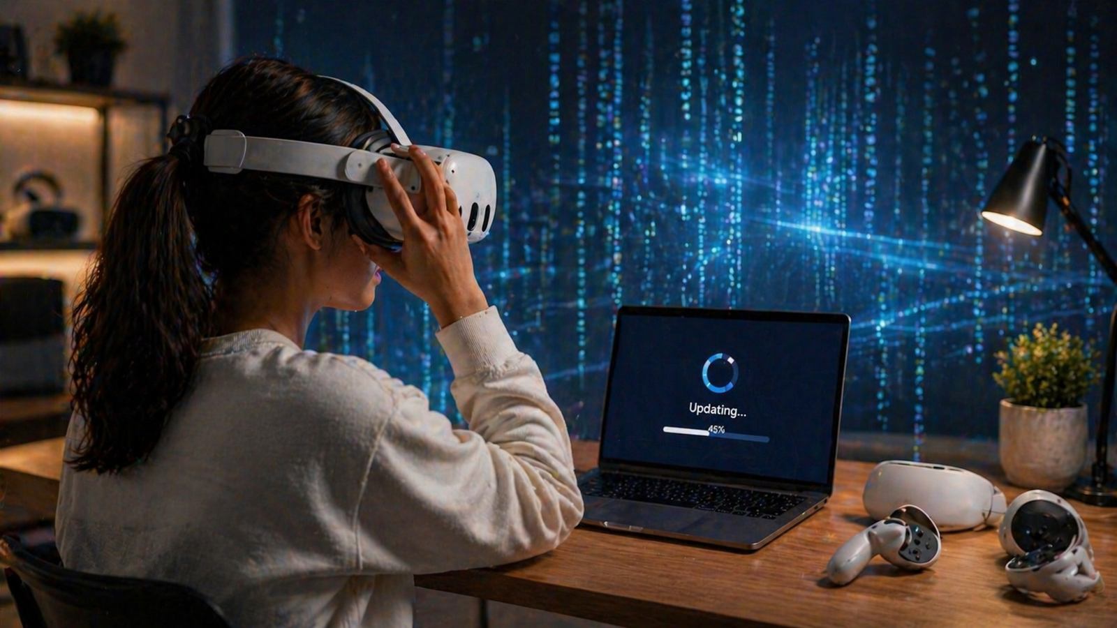 User adjusting a Meta-style VR headset in a modern office while reviewing a recent software update on a nearby screen