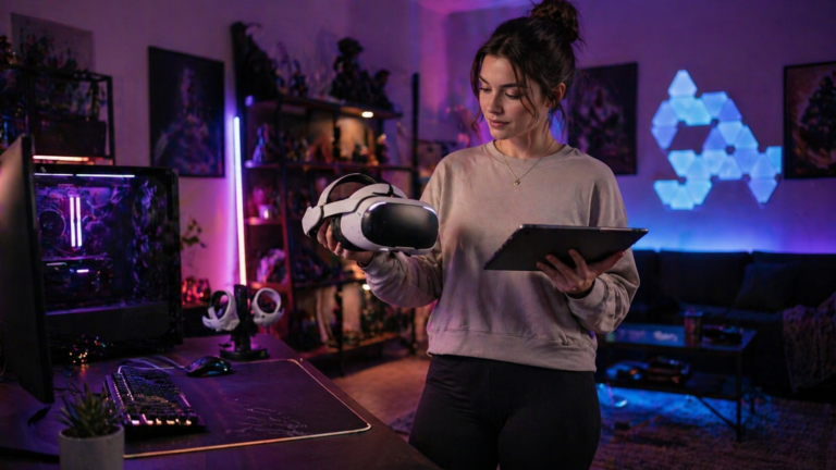 Person checking VR headset launch updates on a tablet beside a modern mixed reality headset in a softly lit gaming room