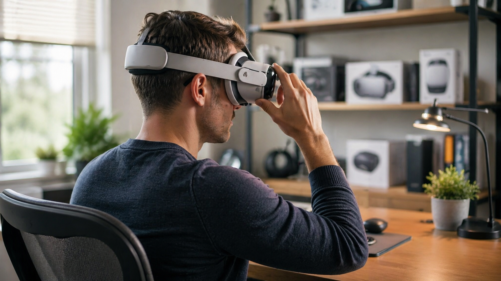 Person using a modern mixed reality headset in a clean home office while reviewing next-generation VR hardware updates