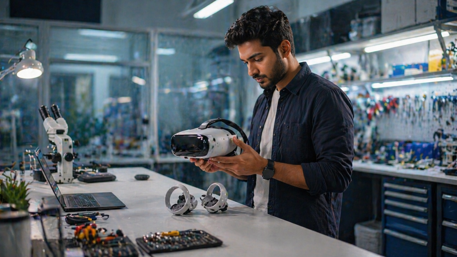 Researcher examining a modern VR headset and controllers in a bright lab while reviewing future hardware features