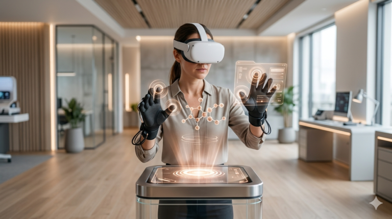 VR controllers and wearable haptic devices arranged in a clean futuristic setting