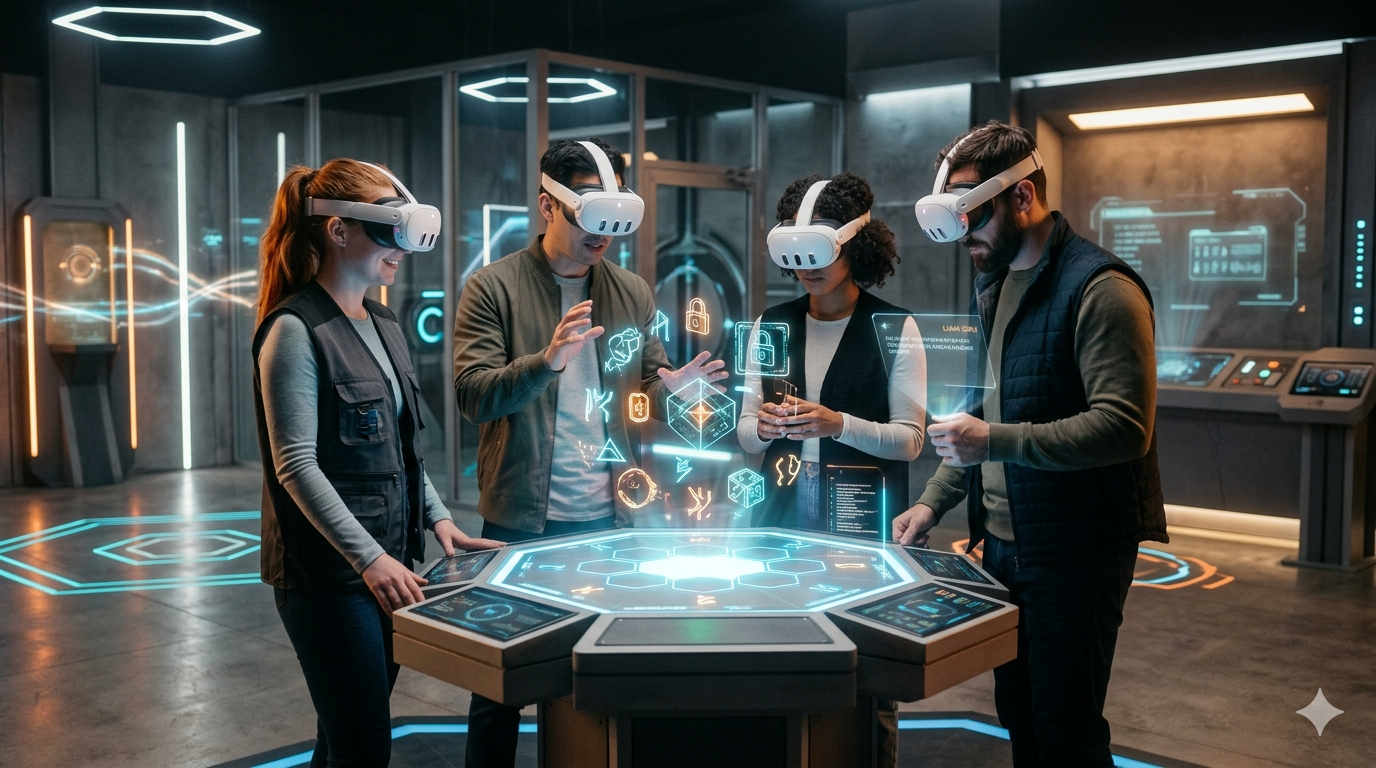 Group of players wearing VR headsets and solving puzzles in a futuristic escape room