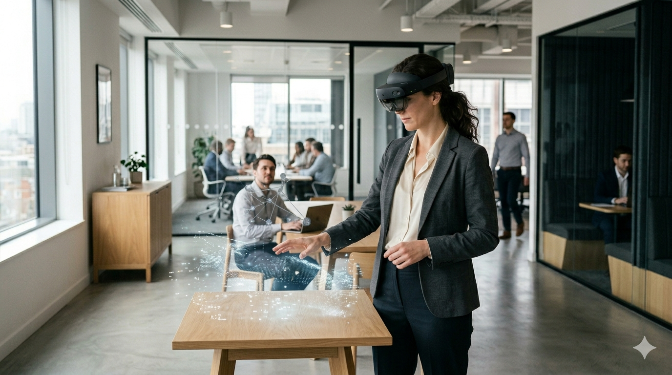 Professional using a mixed reality style headset while comparing virtual and physical digital interaction in a modern office
