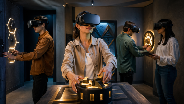 People wearing VR headsets in a modern escape room environment