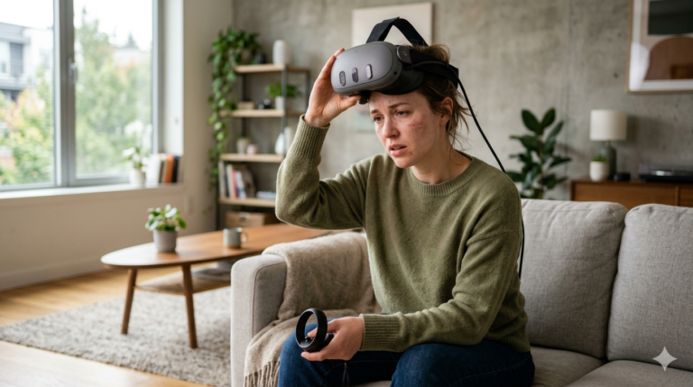 Person in a home setting removing a VR headset and resting after mild motion sickness