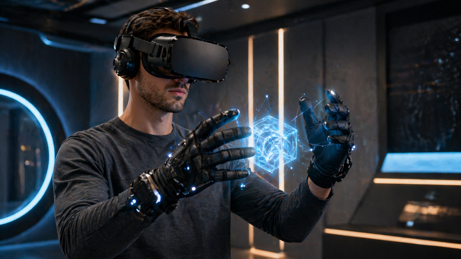 Person wearing a VR headset and haptic gloves while interacting with a virtual object