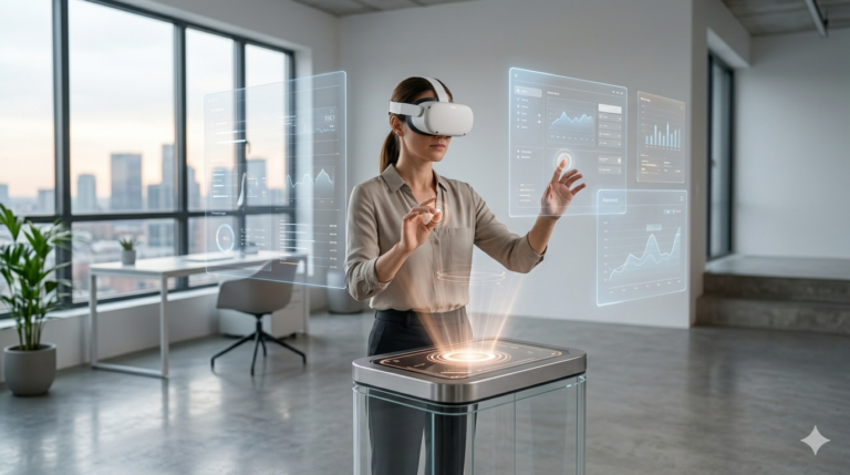 Person using a spatial computing headset while digital interfaces appear naturally in a modern room