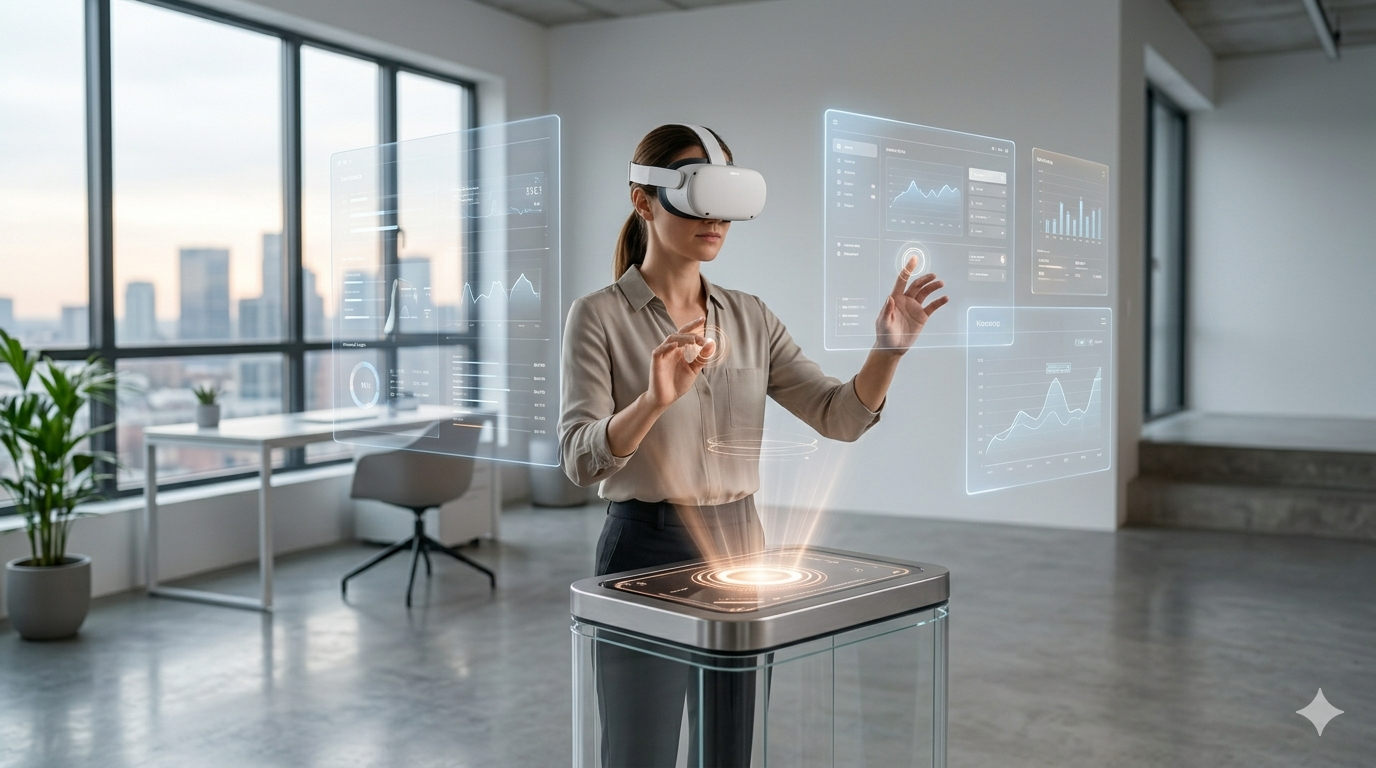 Person using a spatial computing headset while digital interfaces appear naturally in a modern room