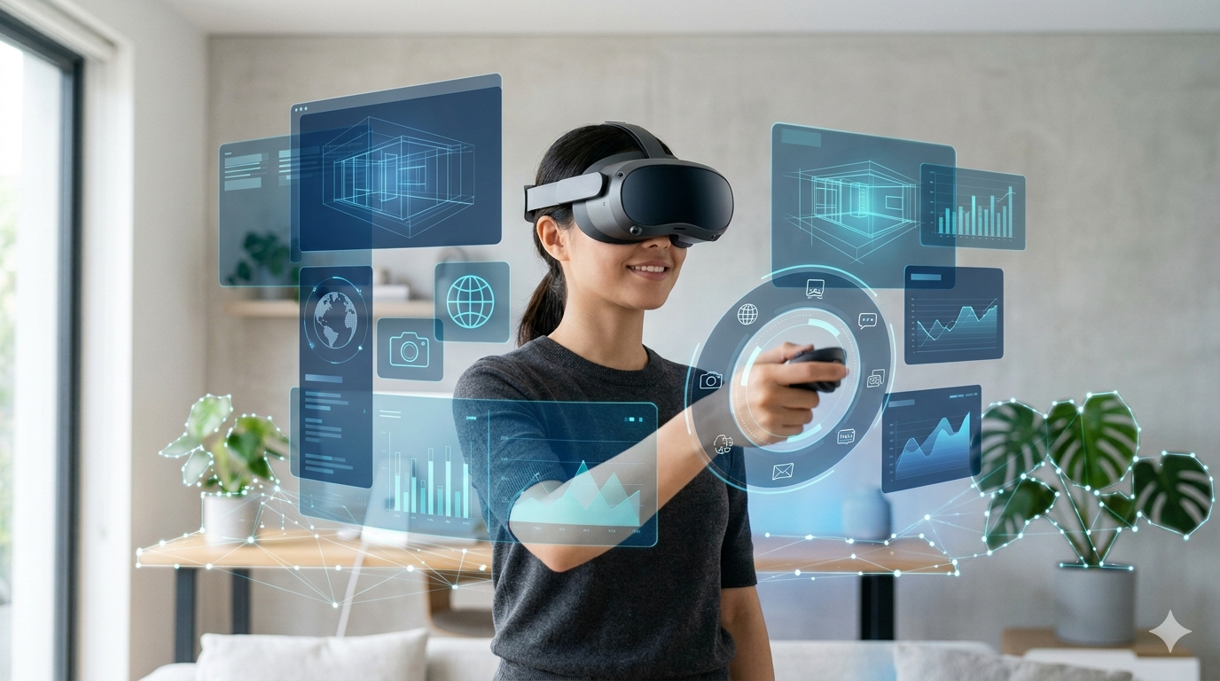 Person interacting with digital spatial overlays in a clean modern room with mixed physical and virtual depth