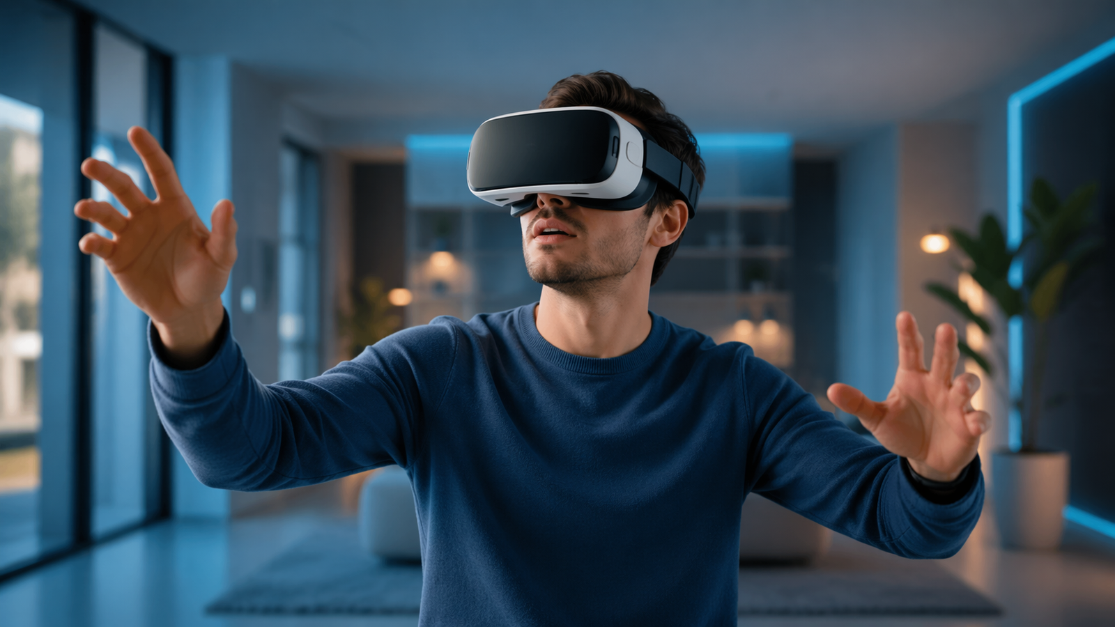 Person wearing a VR headset in a bright modern room with immersive digital depth