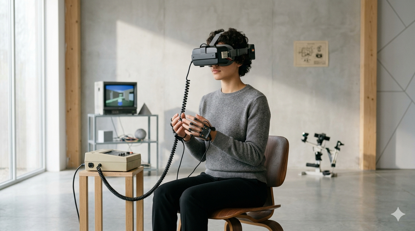 Modern VR headset beside imagery inspired by early virtual reality history