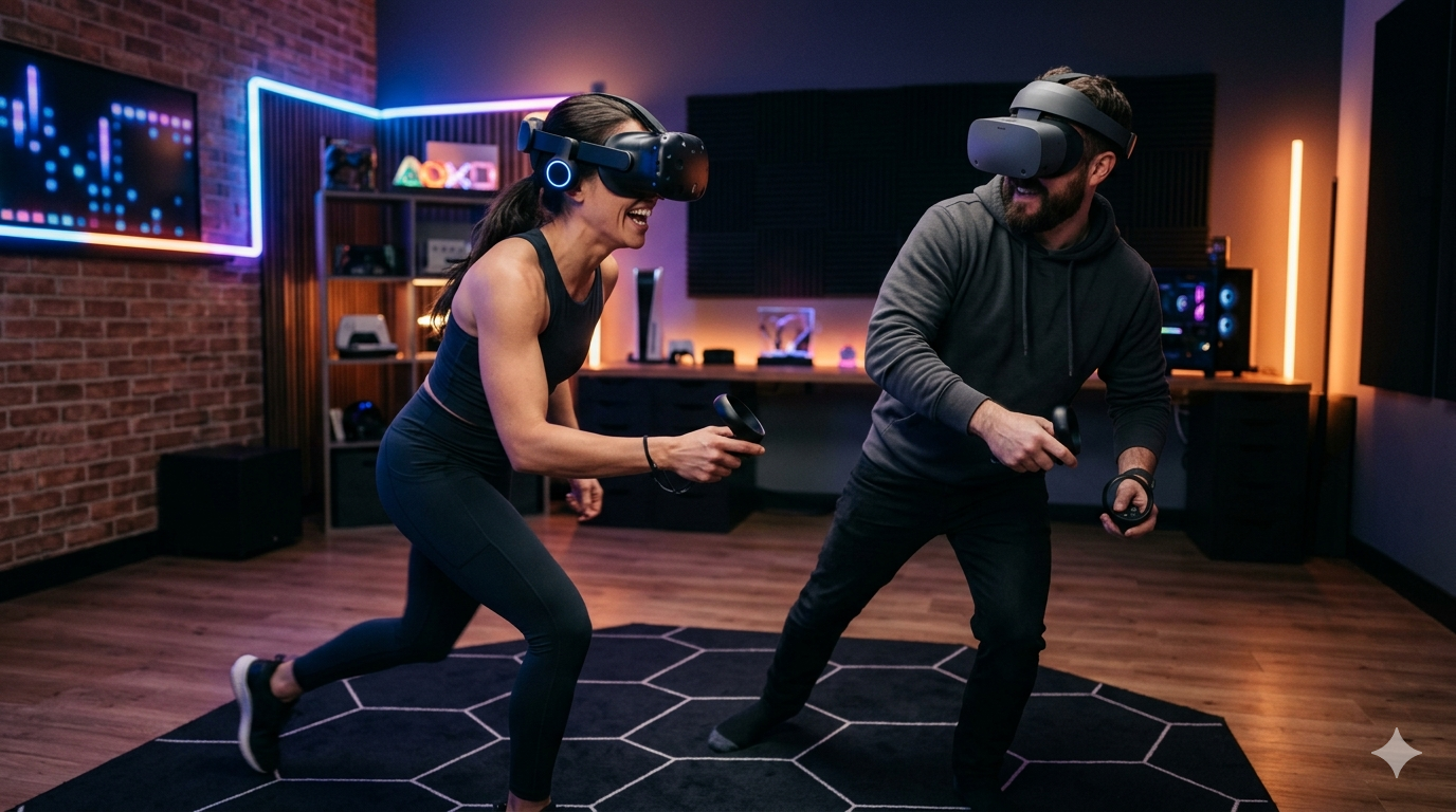 Two friends wearing VR headsets while playing a colorful free multiplayer VR game