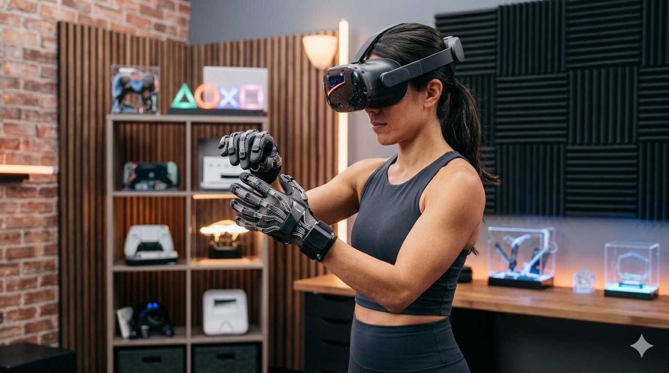Person wearing a VR headset and advanced haptic gloves while testing a virtual object in a research lab