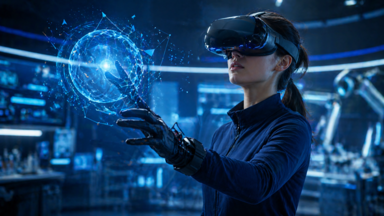 Person using a VR headset and haptic gloves while interacting with a virtual object