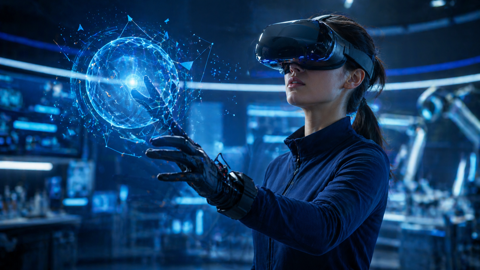 Person using a VR headset and haptic gloves while interacting with a virtual object