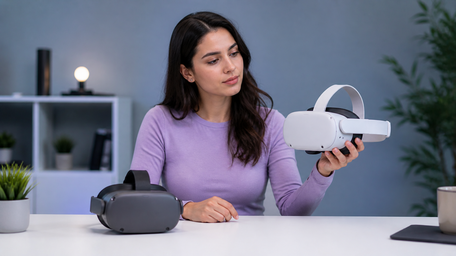 Person comparing affordable VR headsets at a clean desk in a bright modern room