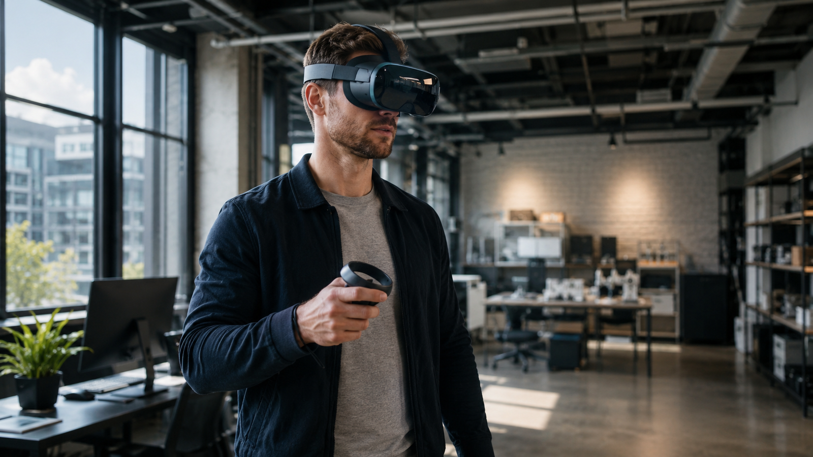 Professional using a VR headset in a modern training environment with digital tools and immersive work scenarios
